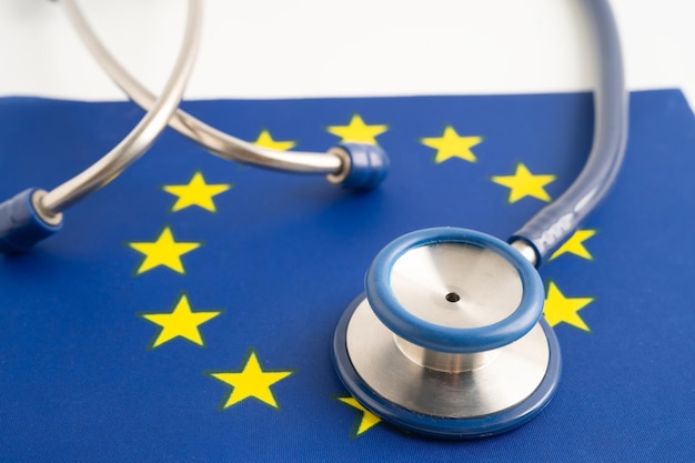 Stethoscope on EU flag background Business and finance concept