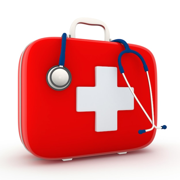 Stethoscope and First Aid Kit isolated 3D Render