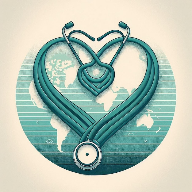 A stethoscope forming the shape of a heart against the backdrop of a faint world map