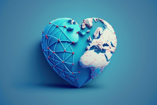 Stethoscope globe and heart on blue background with copy space World health day concept Global health care