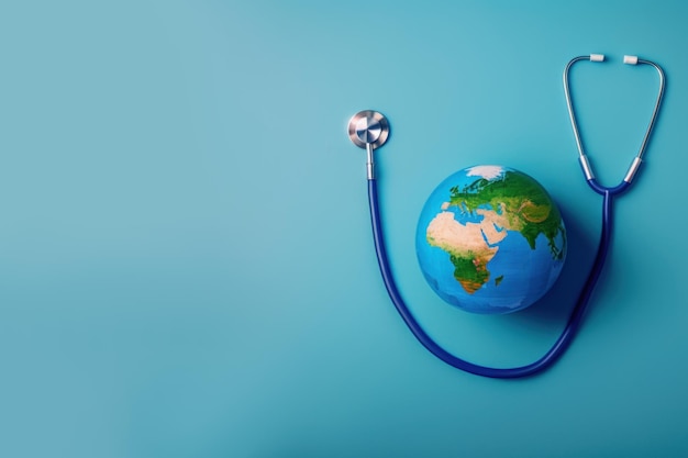 Photo stethoscope globe and heart on blue background with copy space world health day concept global health care