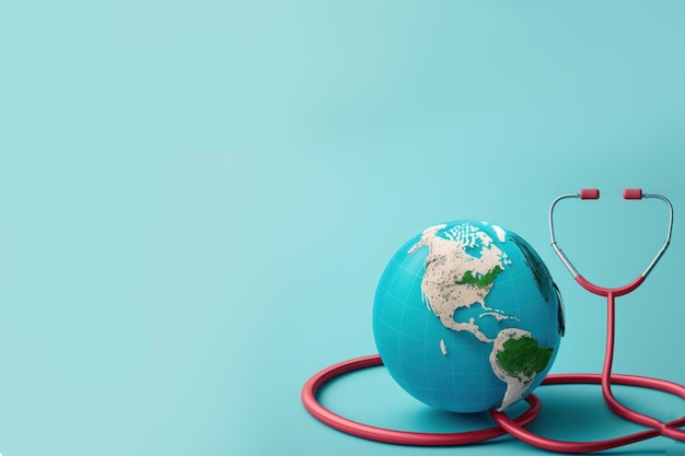 Stethoscope globe and heart on blue background with copy space World health day concept Global health care