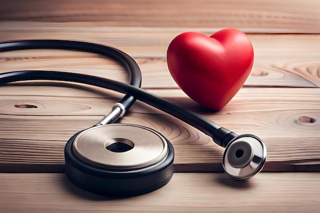 A stethoscope and a heart on a wooden table