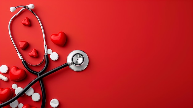 Стетоскоп в форме сердца таблетки и медицинское оборудование на красном фоне и пространство для текста
