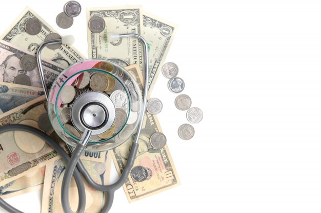 Stethoscope in a jar contains coins