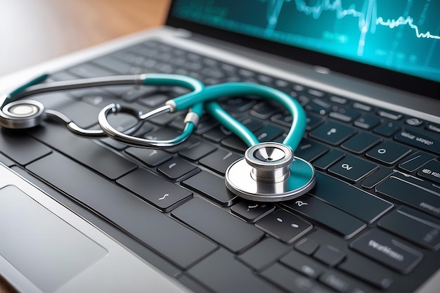 Photo stethoscope on laptop keyboard concept of medical technology network