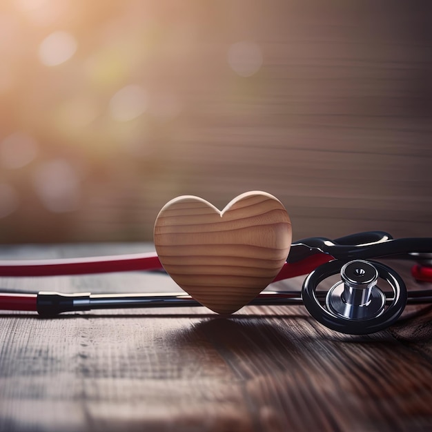 A stethoscope lying on a table with a wooden heart symbol and a blurred background