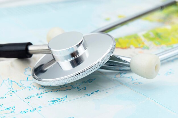 Photo stethoscope on map medical concept turism travel care diseasea healthy