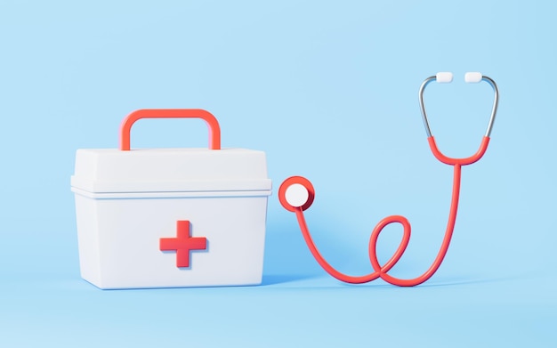 Stethoscope and medicine chest with blue background 3d rendering