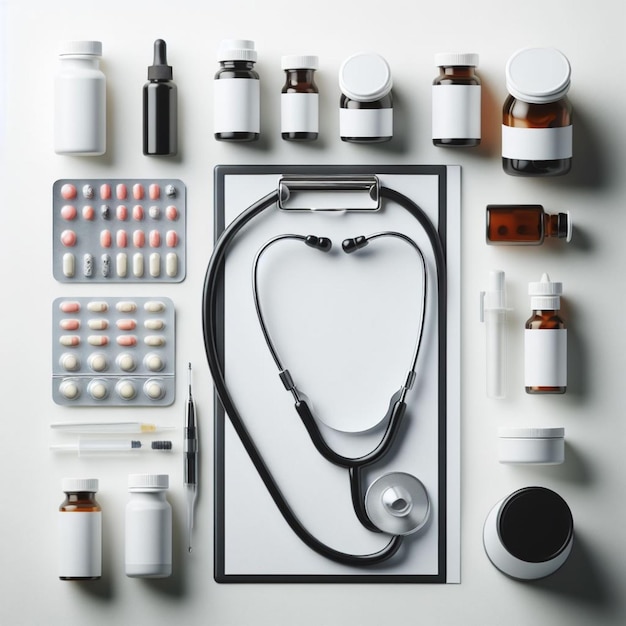 Photo stethoscope and medicines realistic photo