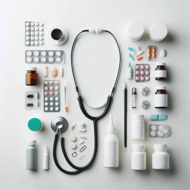 Stethoscope and medicines realistic photo