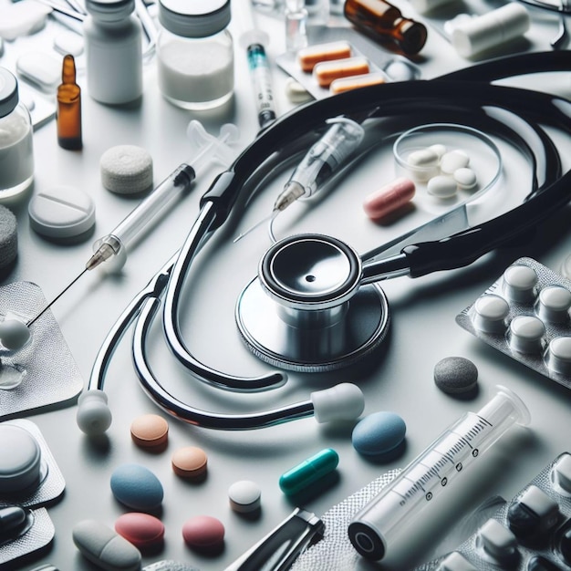 Stethoscope and medicines realistic photo