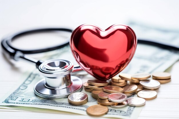 A stethoscope on money and a puzzle heart Health insurance Healthcare and medicine How much is the treatment Money and medicine World Heart Day World Health Day