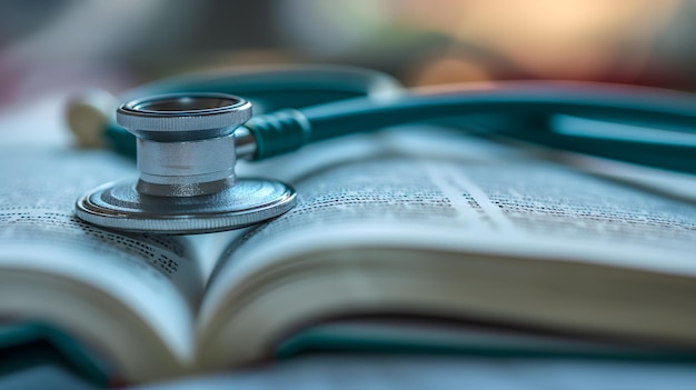 Photo stethoscope on an open book a representation of medical education