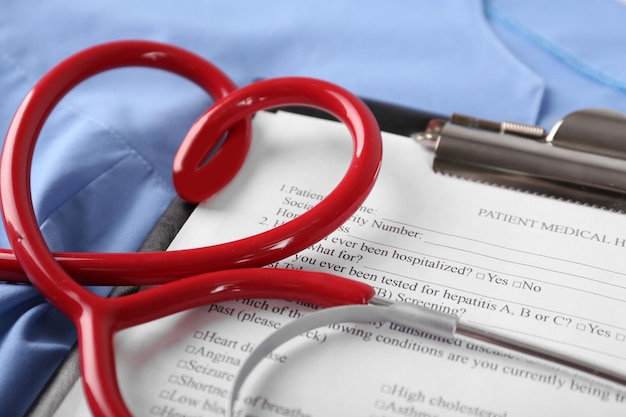 Photo stethoscope and patient card closeup