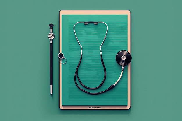 A stethoscope and a pen are on a clipboard next to a pen.