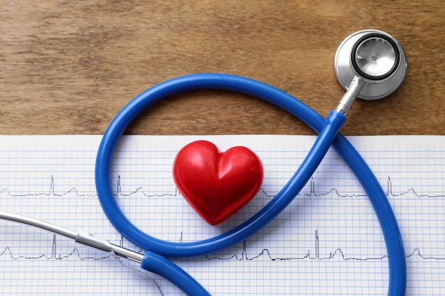 Stethoscope and red heart on paper electrocardiogram