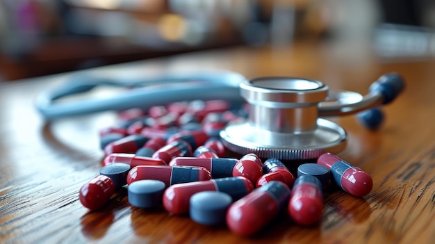 Photo stethoscope resting on table amidst pills generative ai