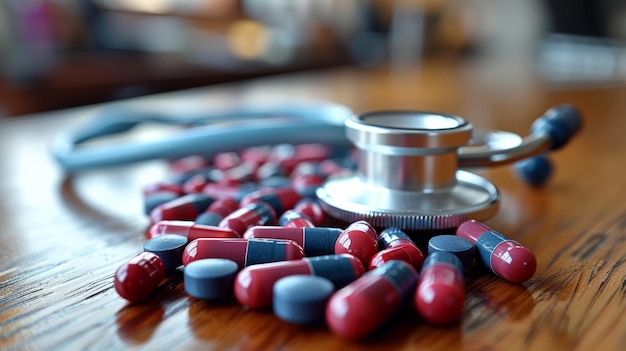 Stethoscope Resting on Table Amidst Pills Generative AI