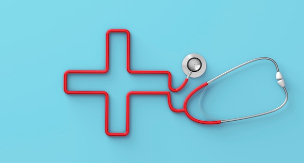 Stethoscope in the shape of a cross on a blue background. 3d render.