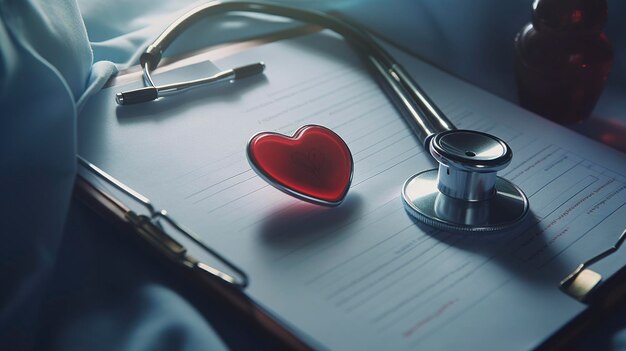 A stethoscope shaping a heart and a clipboard on a medical uniform