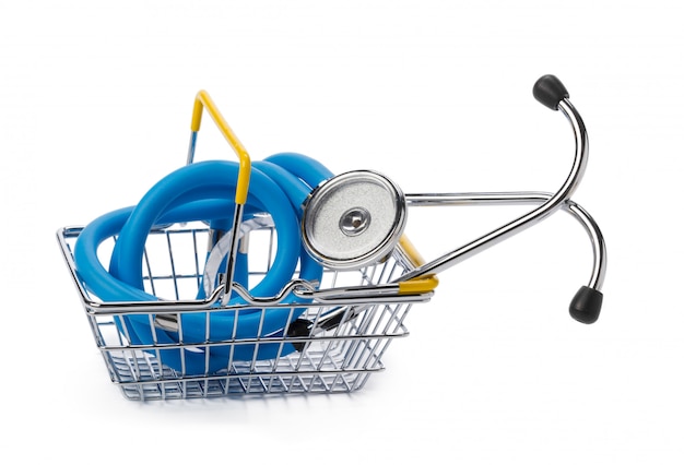 Stethoscope on shopping cart. Medical, pharmacy theme