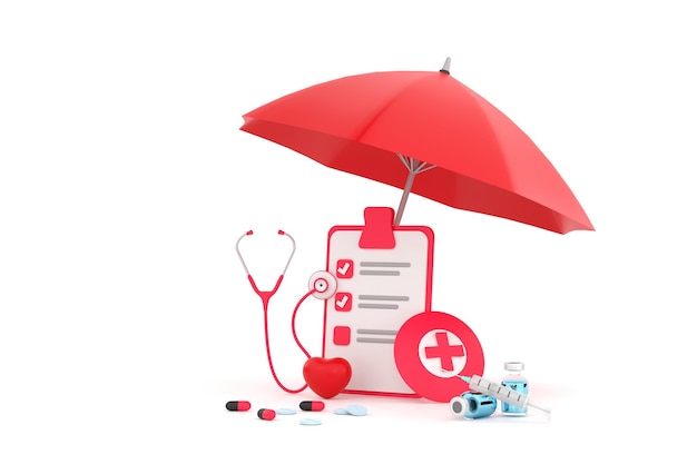 Stethoscope syringe red heart and check list under red umbrella