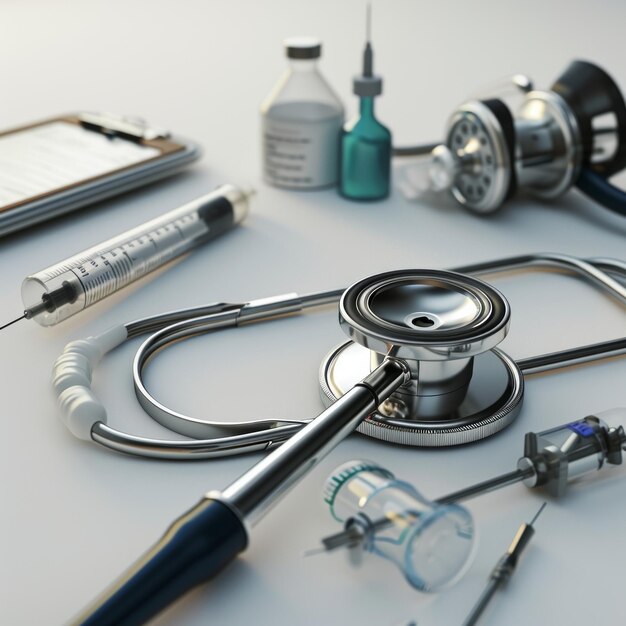 Photo a stethoscope and syringe on a table