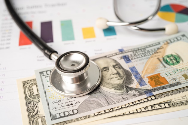 Stetoscopio e banconote in dollari usa su grafico o carta millimetrata, finanziario, conto, statistiche e dati aziendali concetto di salute medica.