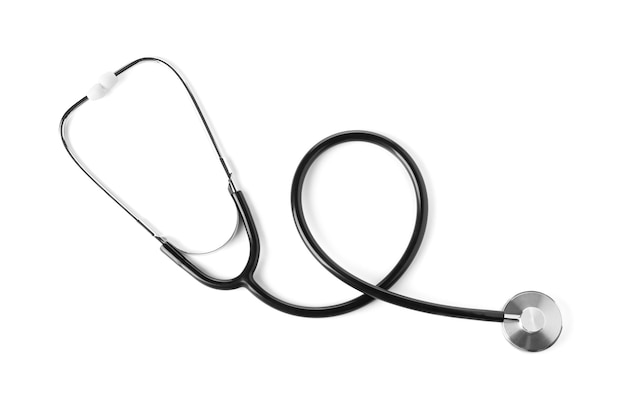 Stethoscope on white background top view Medical device
