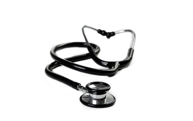 Stethoscope on white background with copy space top view