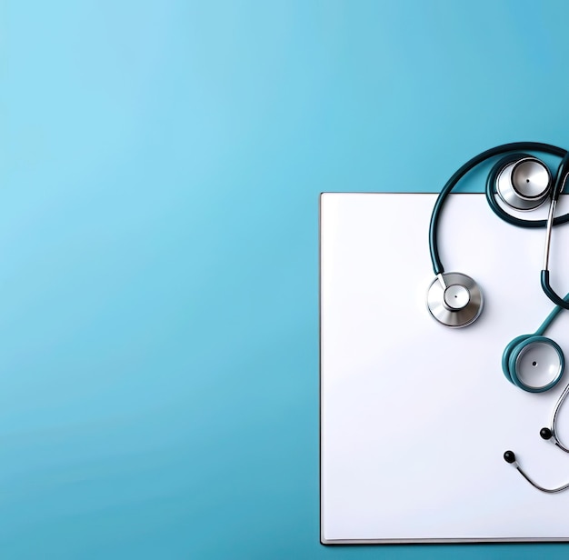 A stethoscope and white paper with blue background