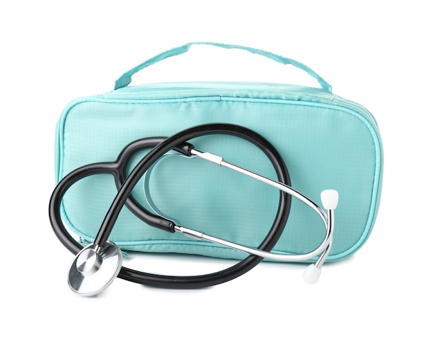 Photo stethoscope with bag on white background