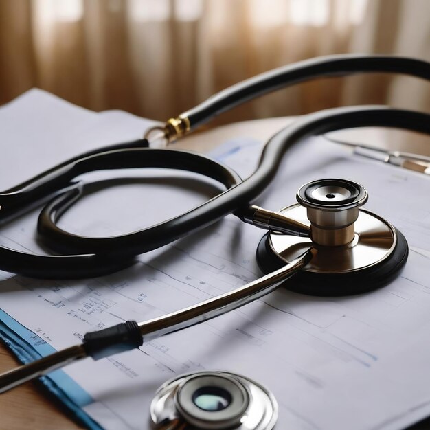 Stethoscope with blurred clipboard