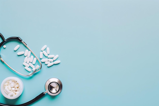 Photo stethoscope with pills on a blue background