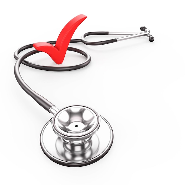 Photo stethoscope with red check mark copy space 3d render