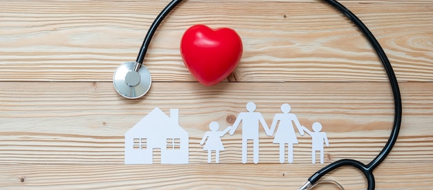 Stethoscope with Red heart shape, Family and House paper 