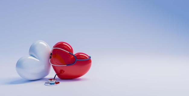 붉은 심장, 안전한 심장 개념, 3d 그림 렌더링을 감싸는 청진기