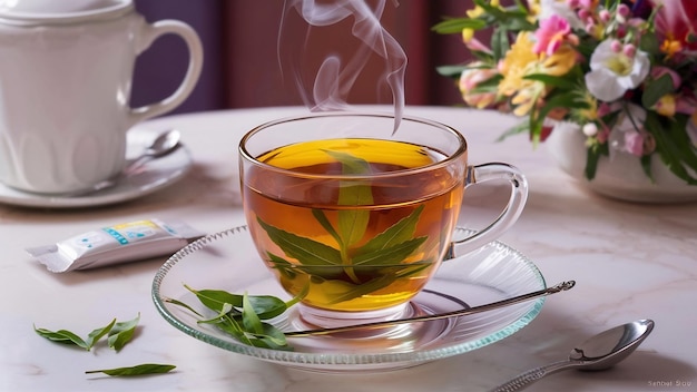 Photo stevia tea in a glass cup on the table