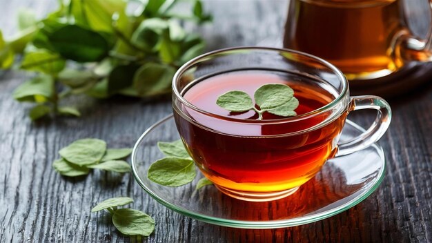 Stevia tea in a glass cup on the table