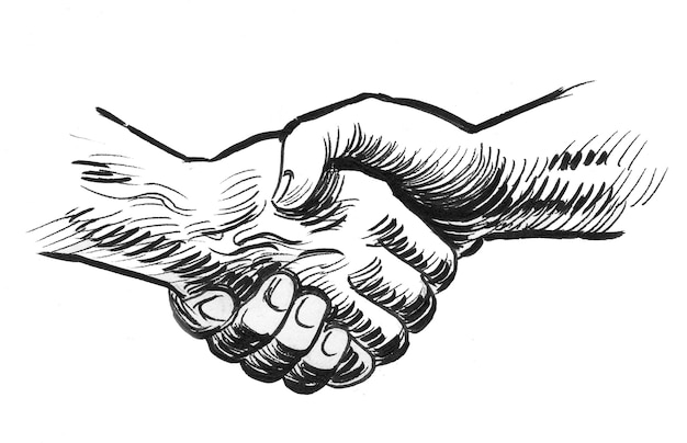 Stevige handdruk. Inkt zwart-wit tekening