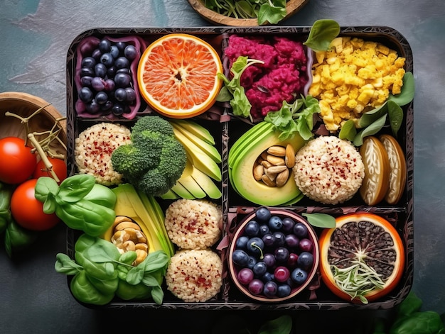 Stevige veganistische lunchbox met biologisch en voedzaam eten