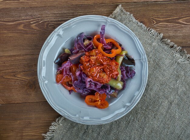 Stew aubergine and red cabbage.close up