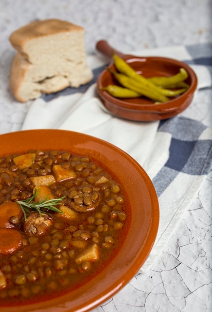 Stew of lentils with chorizo and pork