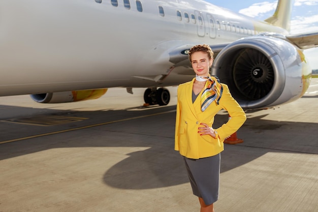 Stewardess or air hostess standing near aircraft at airport