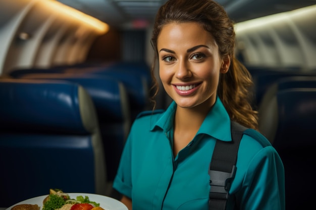 Stewardess die een maaltijd serveert in een vliegtuig