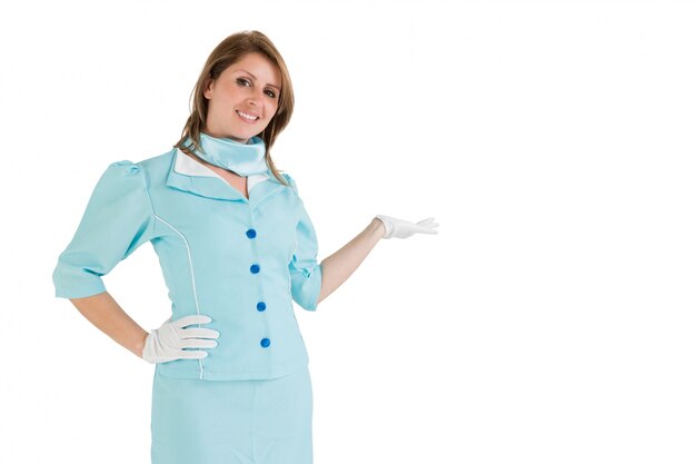 Stewardess dressed in blue uniform presenting your product