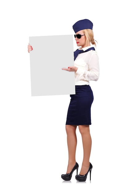 Stewardess holding placard