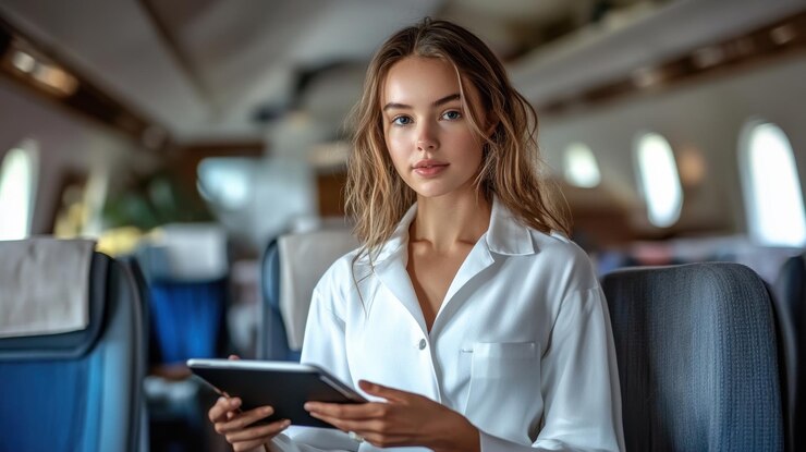 Foto stewardess met een digitale tablet aan boord van het vliegtuig