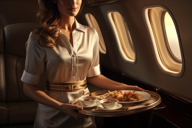 stewardess with a tray of snacks on board a private jet